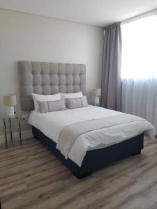 a bedroom with a large bed and a large window at Movic's Modern Airbnb in Windhoek