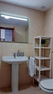 ein Badezimmer mit einem Waschbecken, einem Spiegel und einem WC in der Unterkunft Little Paradise in Estepona