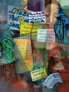 a bunch of signs on a glass window at Ferien-Messe-Handwerker- Apartment Bensberg in Bergisch Gladbach