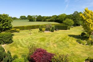 einen großen Garten mit grünem Gras und Büschen in der Unterkunft Pension Tüxen in Hasselberg