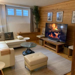a living room with a fireplace and a tv at Mer de Glace in Chamonix-Mont-Blanc