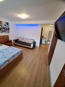 a bedroom with two beds and a flat screen tv at Apartment Cozia in Timişoara