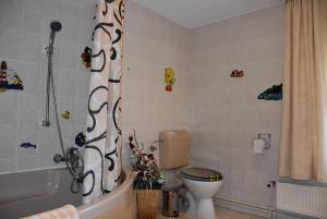 ein Badezimmer mit Toilette und Duschvorhang in der Unterkunft Karlshagen - Lissis Feriendomizil in Ostseebad Karlshagen