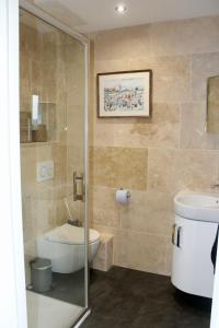 een badkamer met een toilet, een wastafel en een douche bij BEAU STUDIO DANS VILLA DE CHARME in Saint-Laurent-de-Brévedent