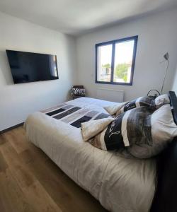 a bedroom with a large bed with a flat screen tv at appartement 40 m 2 in Pérols