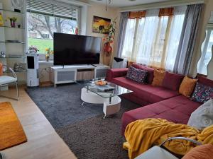 Il comprend un salon doté d'un canapé rouge et d'une télévision à écran plat. dans l'établissement Bahnhof West Apartments, à Interlaken