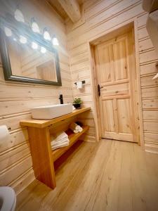 ein Bad mit einem Waschbecken und einem Spiegel in der Unterkunft Góralska Chatka in Kościelisko