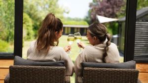 two women sitting at a table with glasses of wine at Natuurhuisje LOTUS 