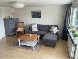 ein Wohnzimmer mit einem Sofa und einem Couchtisch in der Unterkunft Ferienhaus am Schweriner See in Hohen Viecheln