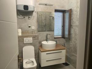 y baño con aseo, lavabo y ducha. en Apartmani Meštrović, en Drage