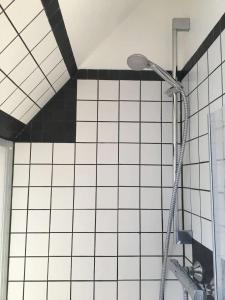 a shower in a bathroom with black and white tile at McIntosh 