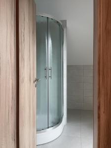 a glass shower stall in a bathroom with at Rooms Minka in Kamna Gorica