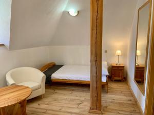a small room with a bed and a table and a mirror at Gościniec Rzemyk in Wdzydze Kiszewskie