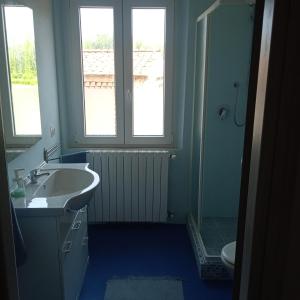 a bathroom with a sink and a toilet and two windows at Antico Casale Masini in SantʼAndrea di Compito