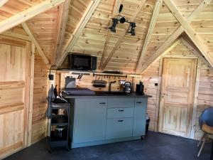 a kitchen with a stove in a wooden cabin at Finse Kota Nummer49 in Driewegen