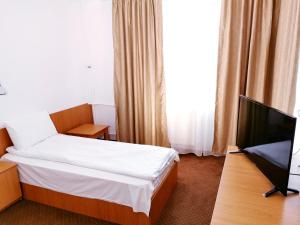 a hotel room with a bed and a flat screen tv at Hotel Muncel Băile Felix in Baile Felix