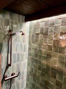 um chuveiro na casa de banho com uma parede em azulejo em charmante bergerie à Cargese tres belle vue mer avec jardin em Cargèse