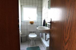 a bathroom with a toilet and a sink and a window at Nice Apartment with balcony in Kierspe in Kierspe