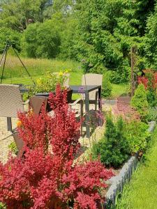 a garden with a table and some colorful flowers at Domek Limba in Ustrzyki Dolne