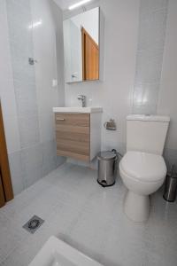 uma casa de banho com um WC, um lavatório e um espelho. em Dream Maisonete With Garden Near In Sea em Kamárai