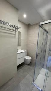 a bathroom with a toilet and a glass shower door at Txoko Loft Ribera in Tudela