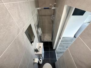 un bagno con doccia, WC e lavandino di Vicar Road a Liverpool Altre 27 foto