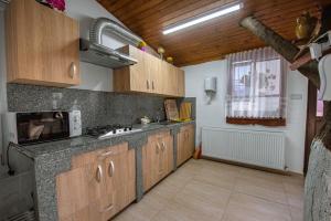 a kitchen with wooden cabinets and a counter top at Vila Puky in Neptun