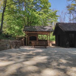 einen Picknickplatz und eine Bank in einem Park in der Unterkunft Rent a Forest, Cabin Hidden in the Fruška gora in Velika Remeta