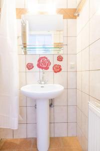 a white sink in a bathroom with roses on the wall at Urban Apt Next University 4 in Heraklio