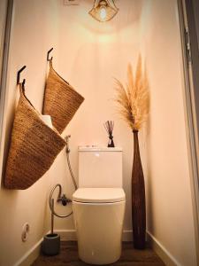 Nébian的住宿－MAISON MARCEL，一间带卫生间的浴室和墙上的2个篮子
