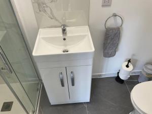 uma casa de banho com um lavatório branco e um chuveiro em Captivating 1-Bed Studio in London em Hendon