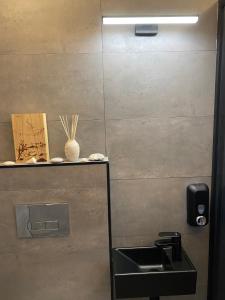 een badkamer met een wastafel en een muur bij Apartamenti Ezera Pērle in Alūksne