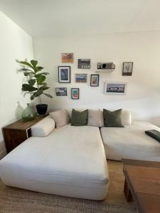 a living room with a white couch and a plant at Superbe duplex à 5 min de la plage in Torreilles