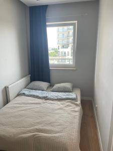 1 cama con 2 almohadas en una habitación con ventana en Apartment Gdański Albatros 95, en Gdansk