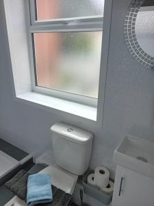 a bathroom with a white toilet and a window at windies apartment 2 in Bridlington