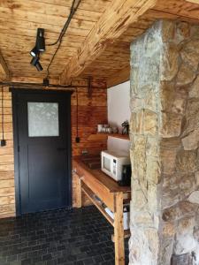 una puerta en una cabaña de madera con microondas en BIELICE Chatka Trapera & Co, en Stronie Śląskie