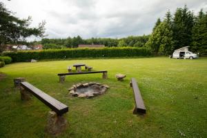 a park with benches and a fire pit in the grass at COUNTRY HOUSE Tisá in Tisá