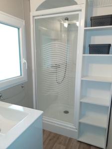 een badkamer met een douche en een glazen deur bij camping bonneval in Jaujac