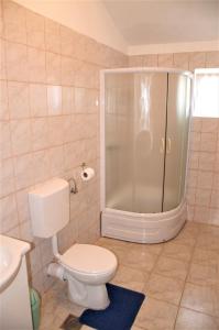 e bagno con doccia, servizi igienici e lavandino. di Apartments Dvije Palme a Šibenik