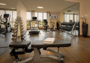 a gym with treadmills and machines in a room at Lindner Hotel Vienna Am Belvedere, part of JdV by Hyatt in Vienna