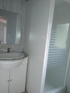 a white bathroom with a sink and a shower at camping bonneval in Jaujac