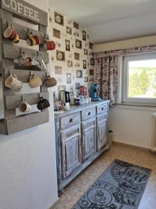 uma cozinha com um frigorífico e uma janela em Welt Lodge em Altenau