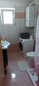 a bathroom with a toilet a sink and a washing machine at Apartments MB in Pula