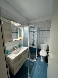 uma casa de banho com um WC, um lavatório e um chuveiro em Luxury Studio Artemida em Artemida