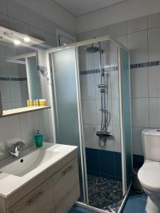 a bathroom with a shower and a sink and a toilet at Luxury Studio Artemida in Artemida +10 photos
