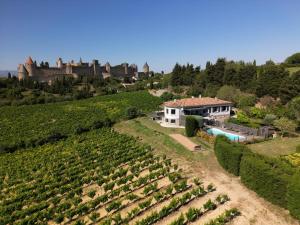 an aerial view of a estate with a vineyard and a house at L'écrin de la Cité, Coeur de Vignes in Carcassonne
