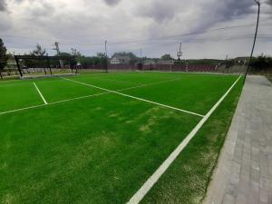 a green soccer field with a tennis court at Апартаменти з власним двориком in Khotov