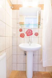 a bathroom with a white sink and red roses on the wall at Urban Apt Next University 3 in Heraklio