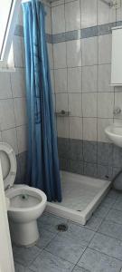 a bathroom with a toilet and a blue shower curtain at Lazanis Studios Apartments in Laganas