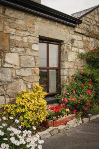 a window of a stone house with flowers in front of it at Creevy Cottages in Rossnowlagh